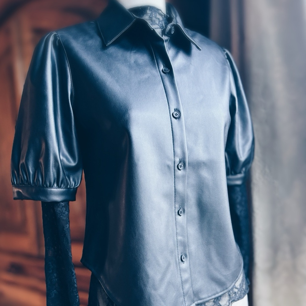 Steve Madden Vegan Leather Puff Sleeve Button-Down Blouse - Black - Size S NWT